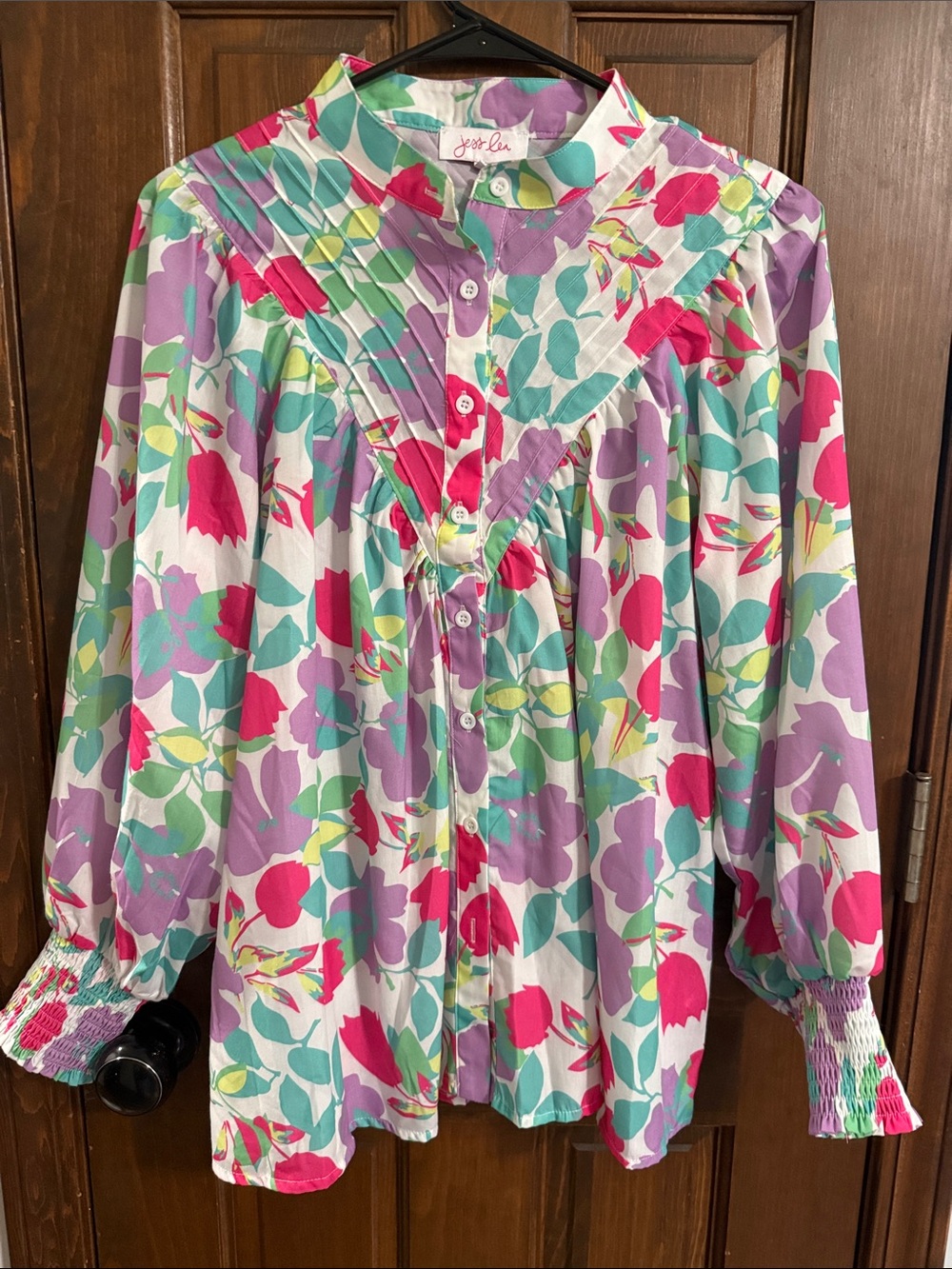 Jess Lea Floral Button-Front Top in Lavender, Teal & Pink
